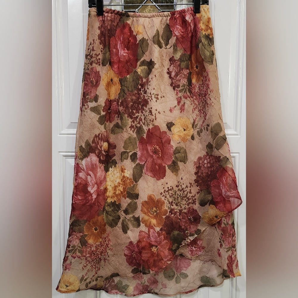 Brown Floral Chiffon Layered Pull On Skirt Women's Size 14 Petite 90s Y2K Garden